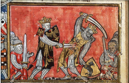 Medieval caricature of the Alexander-Porus battle ("Alexander defeats King Porus in single combat"(West Flanders; c. 1325-1335).