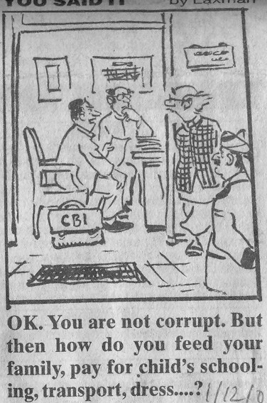 Two birds with one stone - Underpaid government employee of the past; and glib rejection of corruption charges. (Cartoon by RK Laxman). Click for larger image.