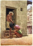 This painting was used for Rudyard Kipling's book - Kim | A Drink by the way - a street scene in Bombay. 1876 by John Griffiths | Click for image.
