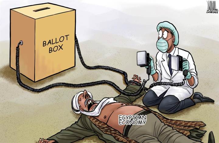 A ballot box as a defibrillator?  Revive the Egyptian economy?  |  Cartoon by Luojie from China, Politicalcartoons.com  |  Click for image.