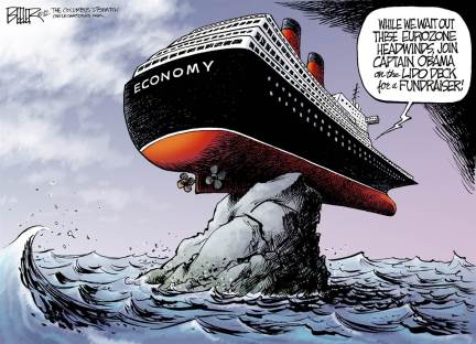 It is the economy stupid!  |  Caetoonist:  Nate Beeler of The Columbus Dispatch at Politicalcartoons.com  |  Click for image.