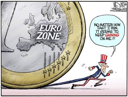 Obama is definitely worried about an asteroid like Euro-zone crisis derailing his campaign  |  Cartoonist: Christopher Weyant of The Hill, Politicalcartoons.com  |  Click for image.