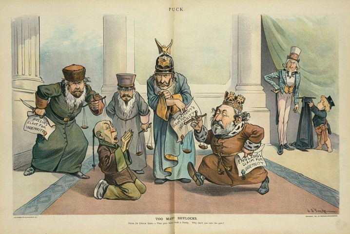 Russia, Japan, Germany and England as Shylocks gather round a kneeling China (Antonio) and demand their pounds of flesh for the Boxer Rebellion, while Puck urges the US to step in as Portia and rescue China. by John S. Pughe for Puck Magazine / Library of Congress Prints and Photographs Collection; Subtitle on the cartoon reads: 