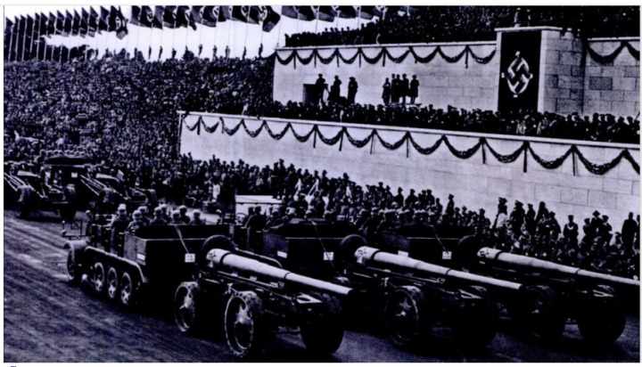 1935 Nazi Party Rally at Nurnberg displayed the new half-track artillery-carriers.  |  Image source and courtesy - Hitler's Army- The Men, Machines, and Organization- 1939-1945 - David Stone - Google Books 2012-08-02 17-43-23  |  Click for image.