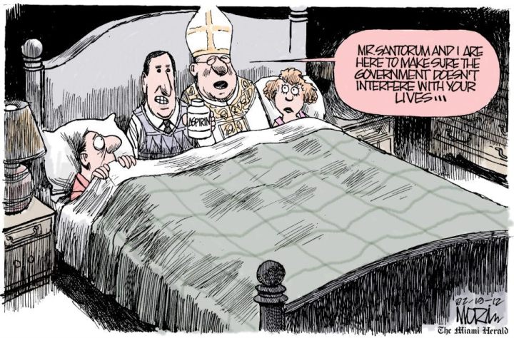 The State and the Church are competing to find newer ways to intervene in the family lives of its citizens. | Cartoonist Jim Morin; in Miami Herald; on February 20, 2012  | Click for larger image.